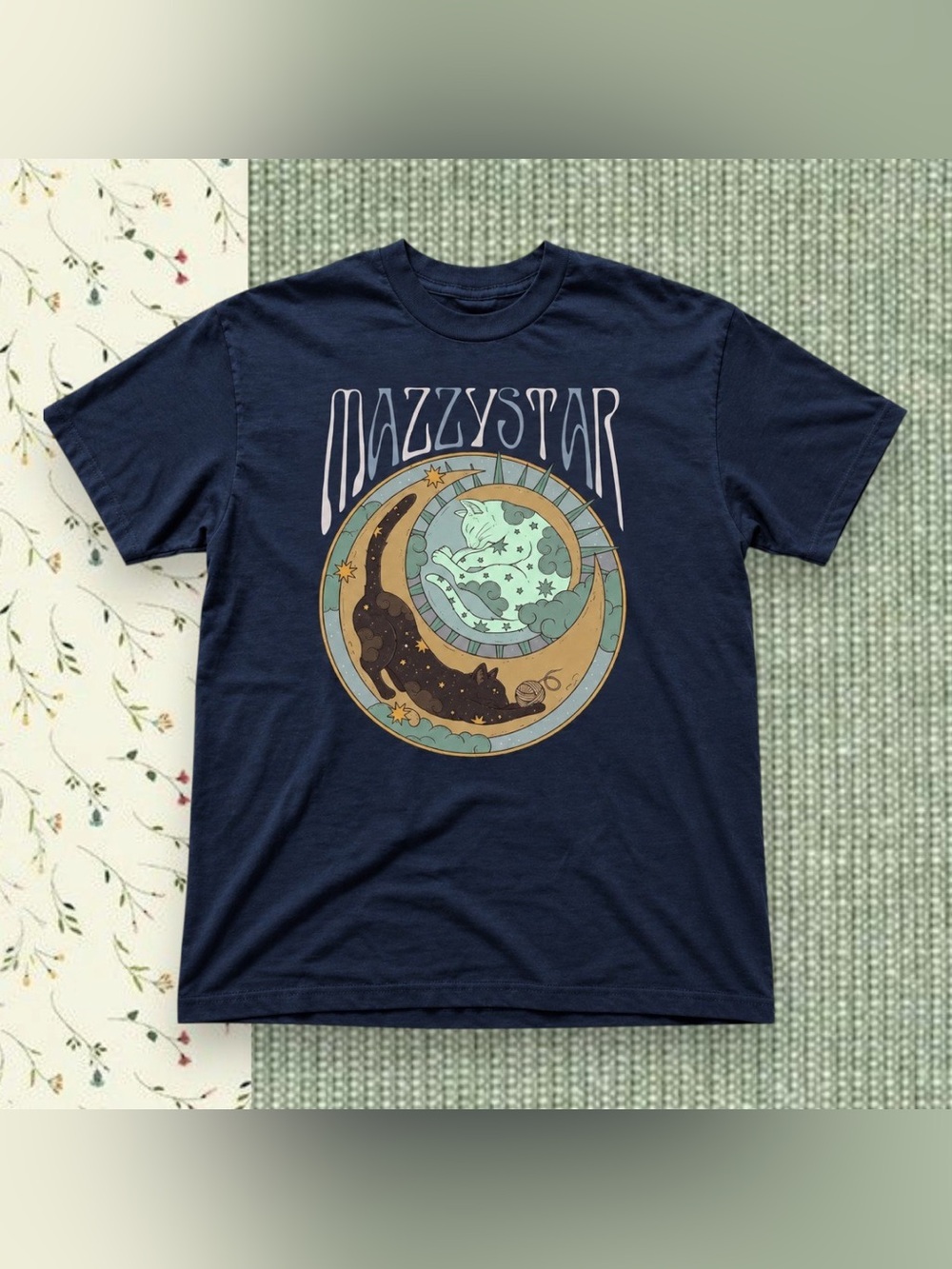 Gildan Mazzy Star Cat Moon Graphic T-Shirt Navy Blue For Unisex